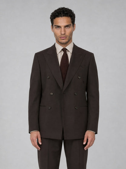 Savile GA0068 espresso brown suit set – three-quarter side pose with hand in pocket showing peak lapel profile and slim trouser line