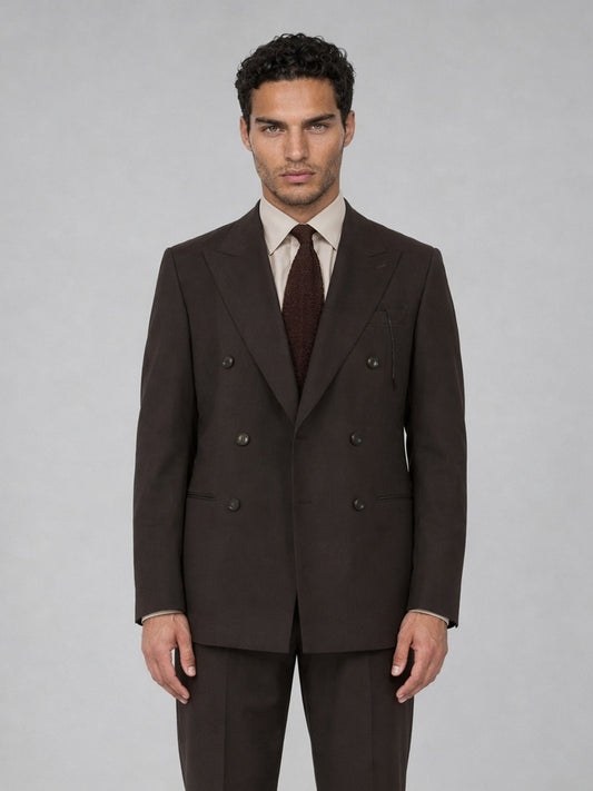 Savile GA0068 espresso brown suit set – three-quarter side pose with hand in pocket showing peak lapel profile and slim trouser line