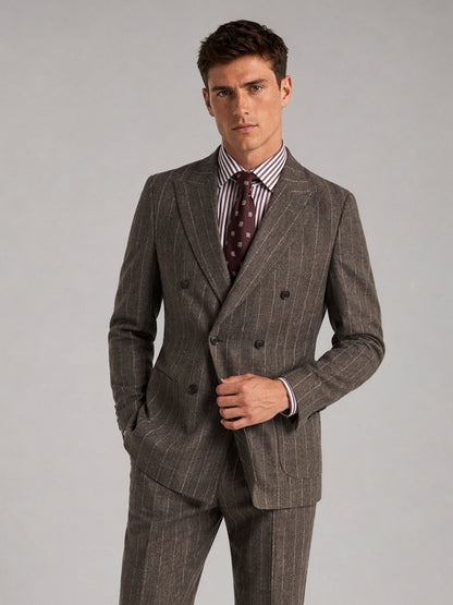 Savile GA0069 taupe chalk stripe 2-piece suit set – full body front view, hand touching lapel showing peak lapel silhouette and chalk stripe detail