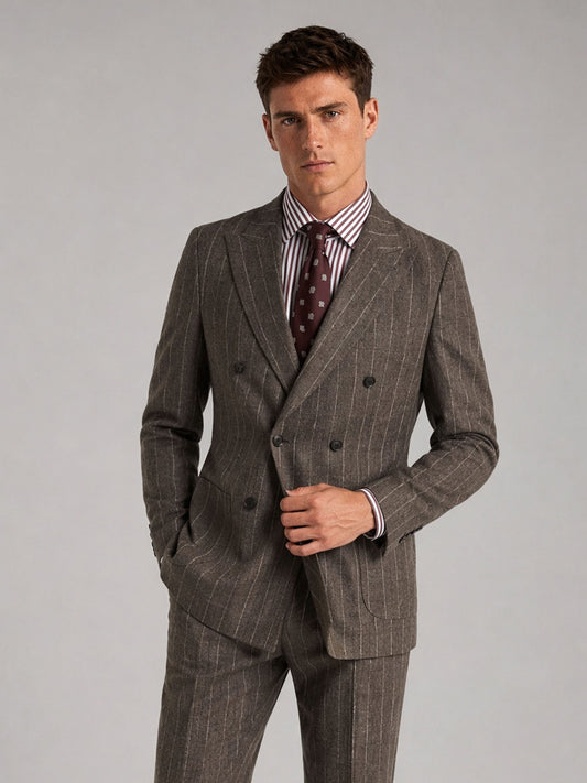 Savile GA0069 taupe chalk stripe 2-piece suit set – full body front view, hand touching lapel showing peak lapel silhouette and chalk stripe detail