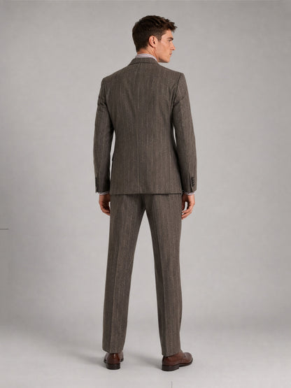 Savile GA0069 taupe chalk stripe double-breasted blazer – upper body front view showing peak lapel, six-button closure, striped shirt and polka-dot tie