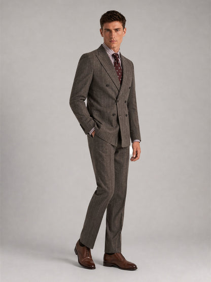 Savile GA0069 taupe chalk stripe suit set – back view showing center vent, structured shoulders and slim trouser silhouette with chalk stripe