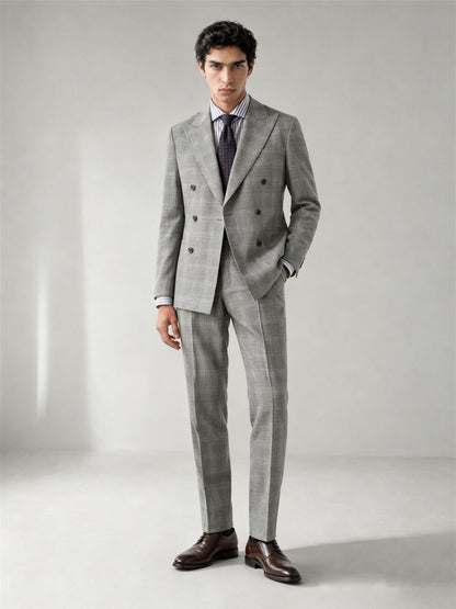 Savile GA0070 light grey glen plaid double-breasted suit – upper body front view showing peak lapel, six-button closure, stripe shirt and navy tie