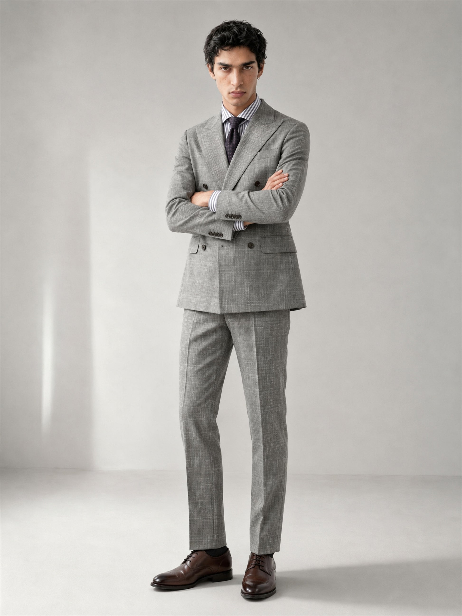 Savile GA0070 light grey glen plaid 2-piece suit set – full body front view, natural standing pose with brown oxford shoes