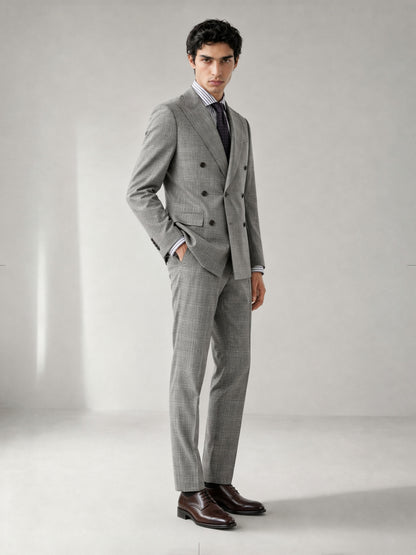 Savile GA0070 light grey glen plaid suit set – back three-quarter view showing center vent, peak lapel profile and slim trouser drape