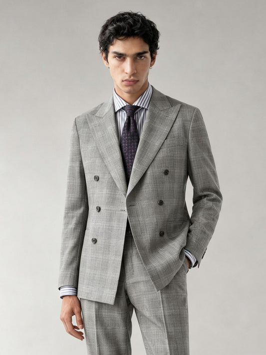 Savile GA0070 light grey glen plaid double-breasted suit – full body front view, hands in pockets showing relaxed confidence and slim silhouette