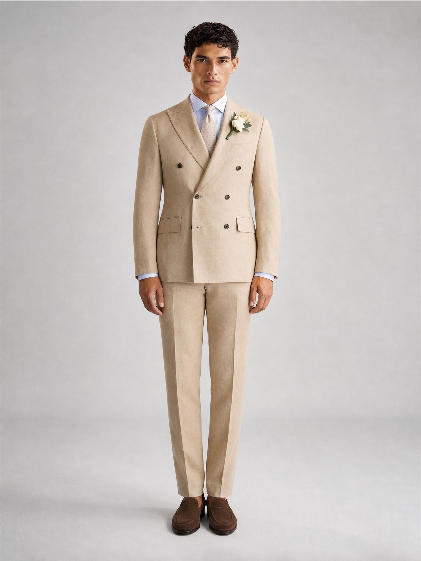 Savile GA0071 sand camel linen 2-piece suit set – full body front view, natural standing pose with brown suede loafers and light blue tie