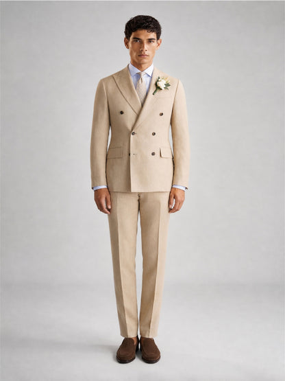 Savile GA0071 sand camel linen 2-piece suit set – full body front view, natural standing pose with brown suede loafers and light blue tie