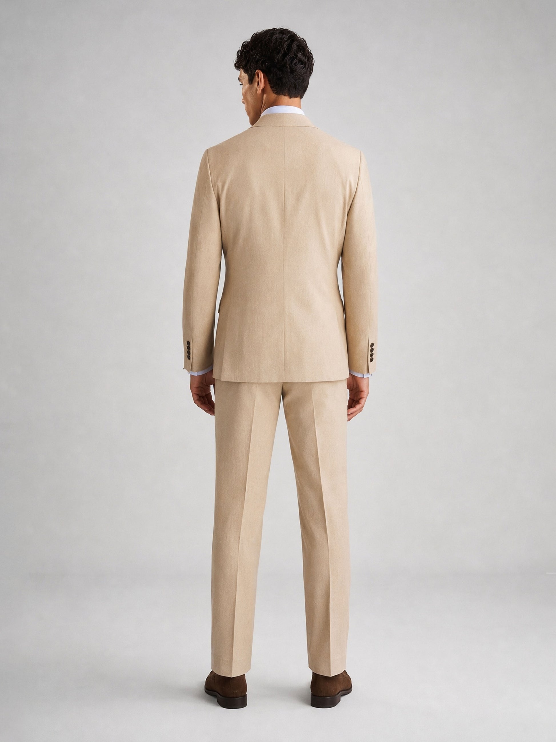 Savile GA0071 sand camel double-breasted suit – full body front view, relaxed standing pose showing slim silhouette and peak lapel