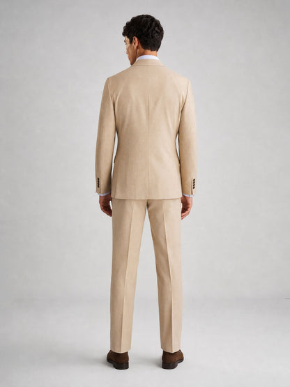 Savile GA0071 sand camel double-breasted suit – full body front view, relaxed standing pose showing slim silhouette and peak lapel