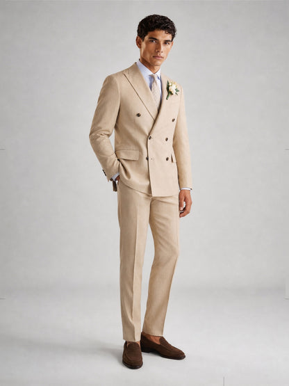 Savile GA0071 sand camel linen suit set – back view showing center vent, structured shoulders and slim trouser drape