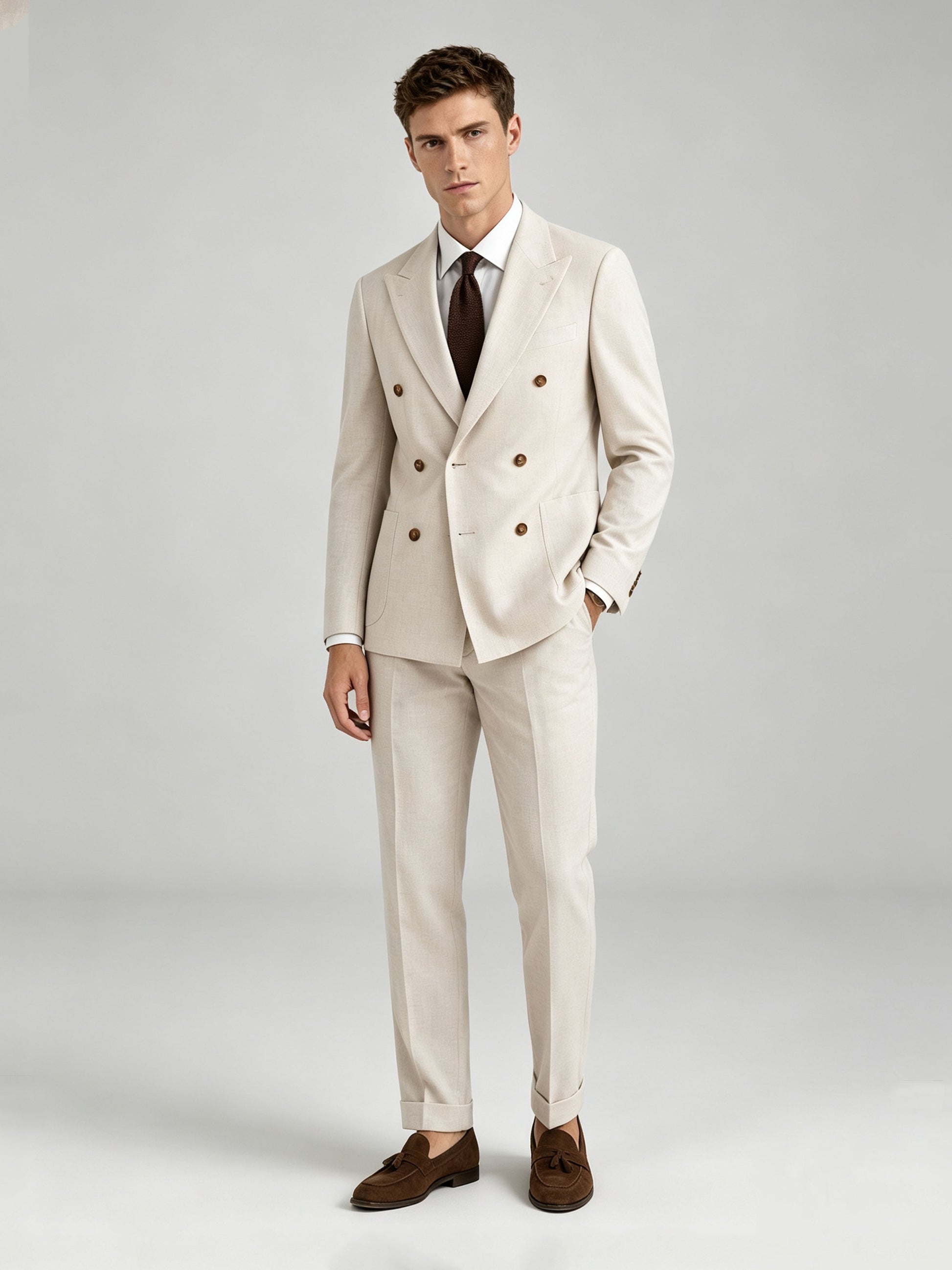 Savile GA0072 cream linen double-breasted suit – upper body front view showing peak lapel, six-button closure, white shirt and dark brown knit tie