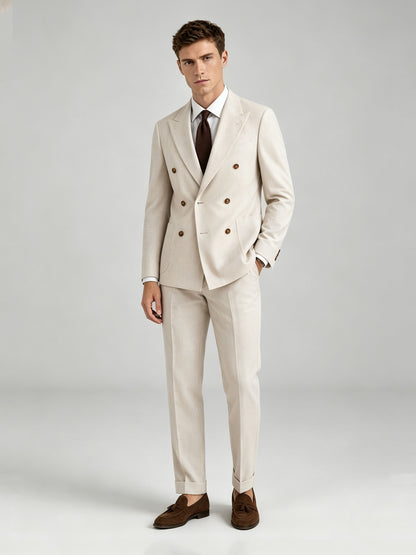 Savile GA0072 cream linen double-breasted suit – upper body front view showing peak lapel, six-button closure, white shirt and dark brown knit tie