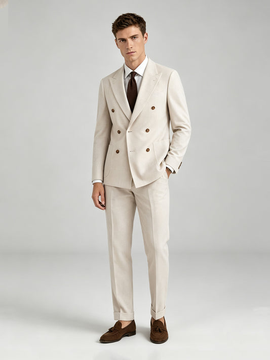 Savile GA0072 cream linen double-breasted suit – upper body front view showing peak lapel, six-button closure, white shirt and dark brown knit tie