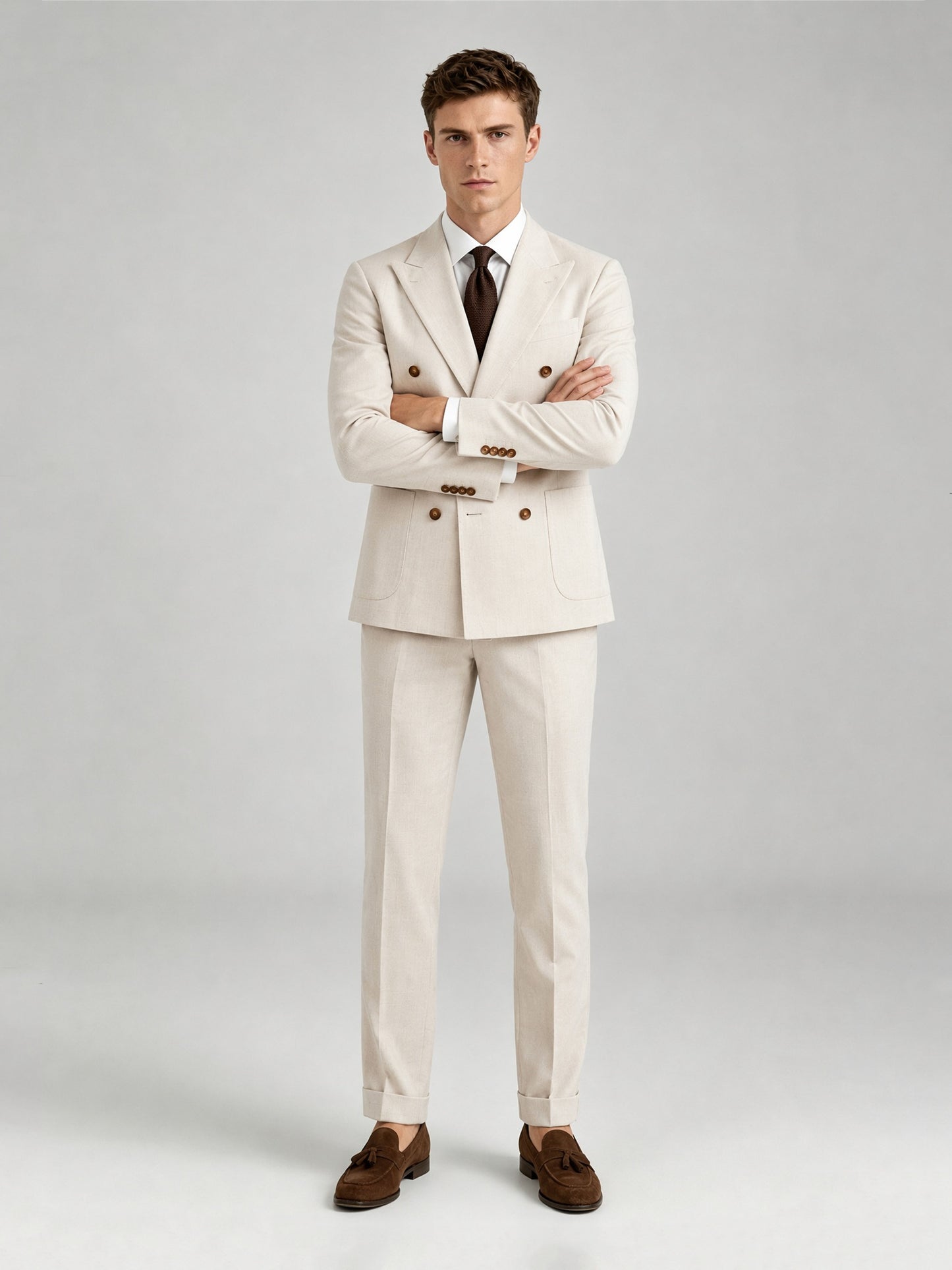 Savile GA0072 cream linen 2-piece suit set – full body front view, hand in pocket with brown tassel loafers and turn-up trouser cuffs