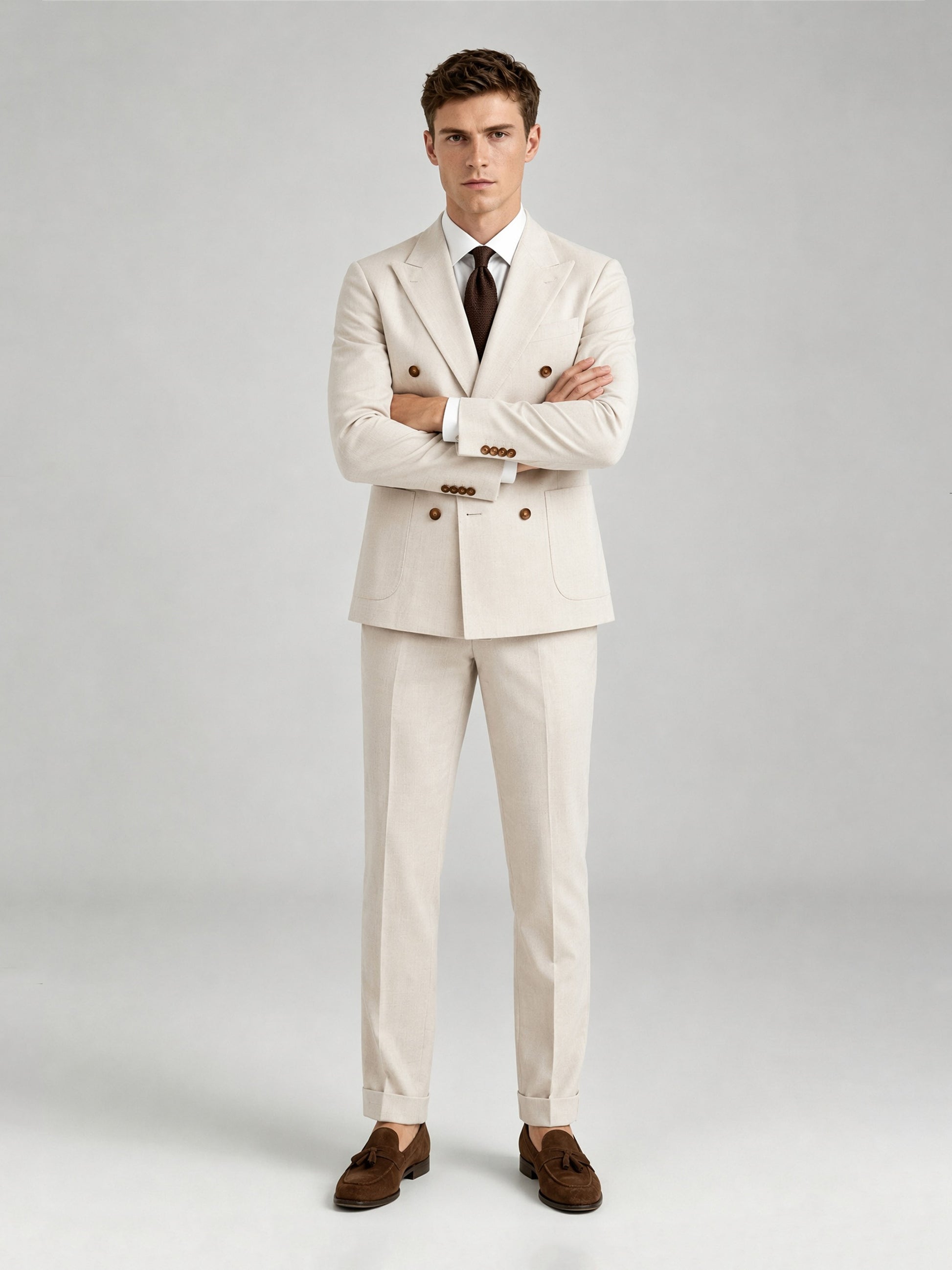 Savile GA0072 cream linen 2-piece suit set – full body front view, hand in pocket with brown tassel loafers and turn-up trouser cuffs