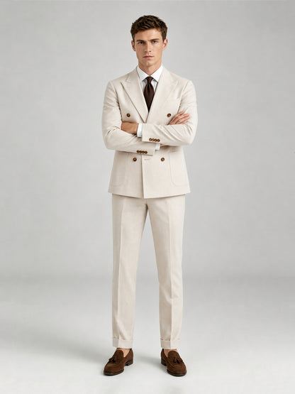 Savile GA0072 cream linen 2-piece suit set – full body front view, hand in pocket with brown tassel loafers and turn-up trouser cuffs