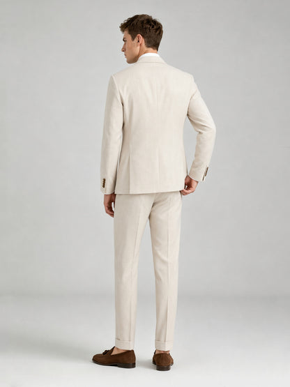Savile GA0072 cream linen double-breasted suit – full body front view, arms crossed showing structured peak lapel silhouette and slim trousers