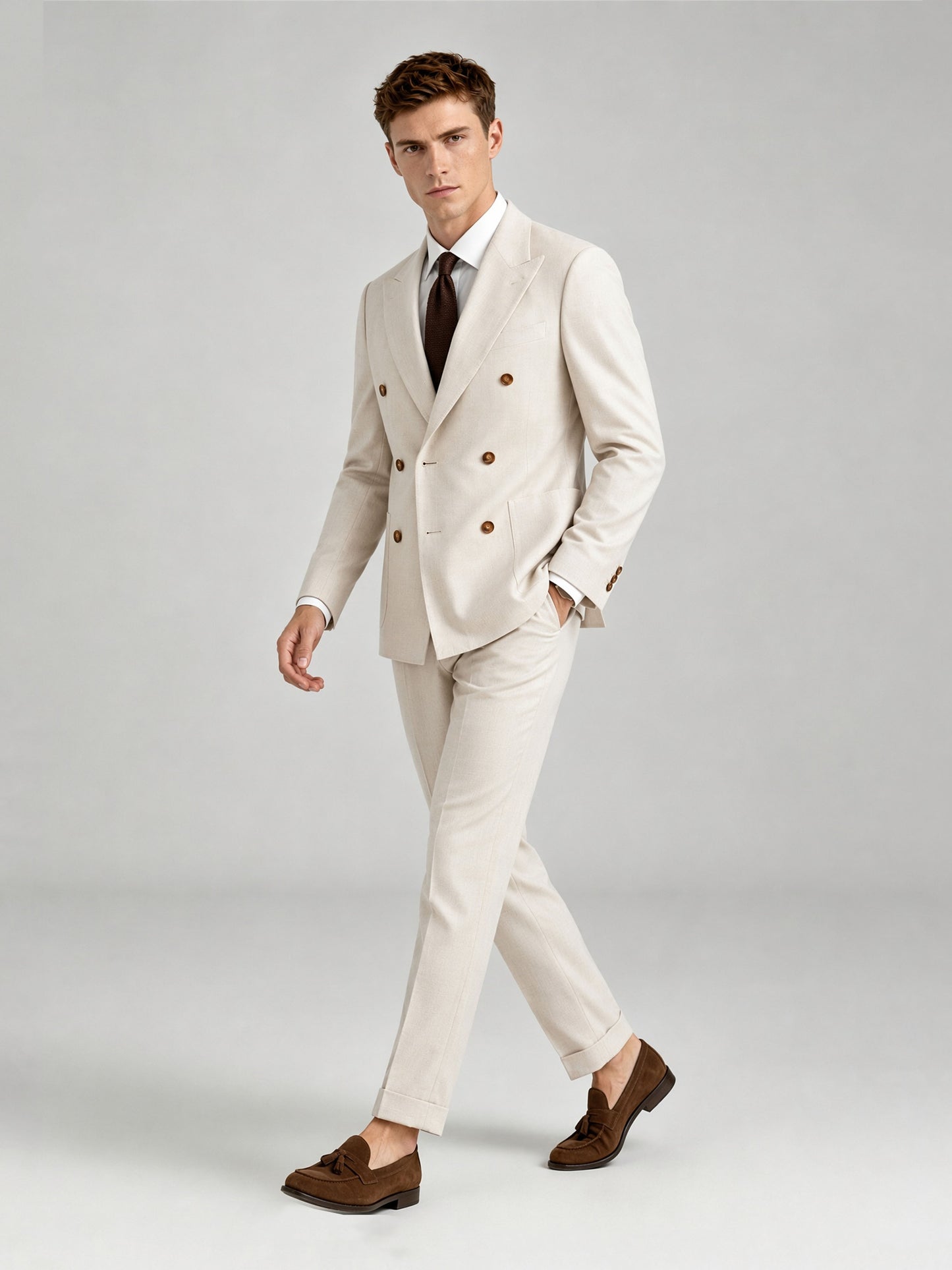 Savile GA0072 cream linen suit set – back view showing center vent, structured shoulders and slim turn-up trouser drape