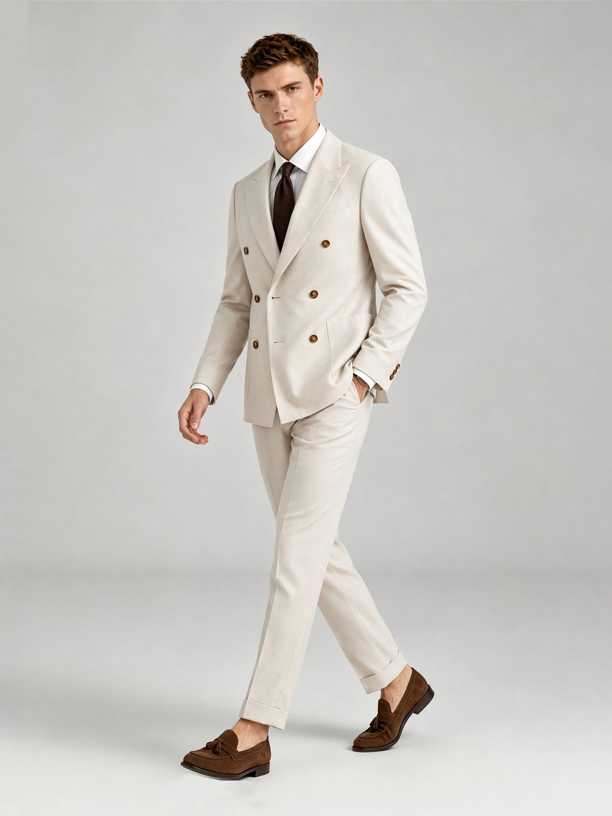 Savile GA0072 cream linen suit set – back view showing center vent, structured shoulders and slim turn-up trouser drape
