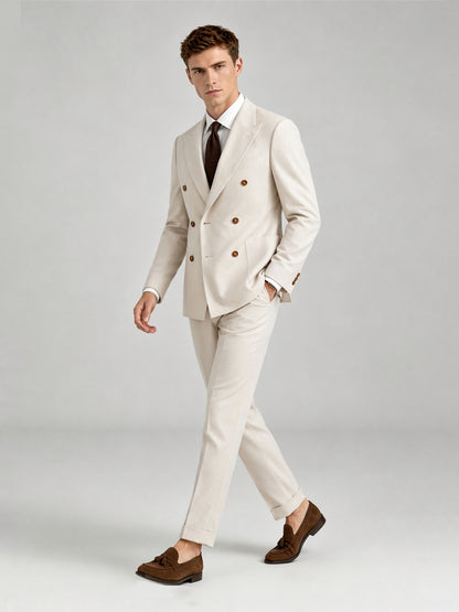 Savile GA0072 cream linen suit set – back view showing center vent, structured shoulders and slim turn-up trouser drape