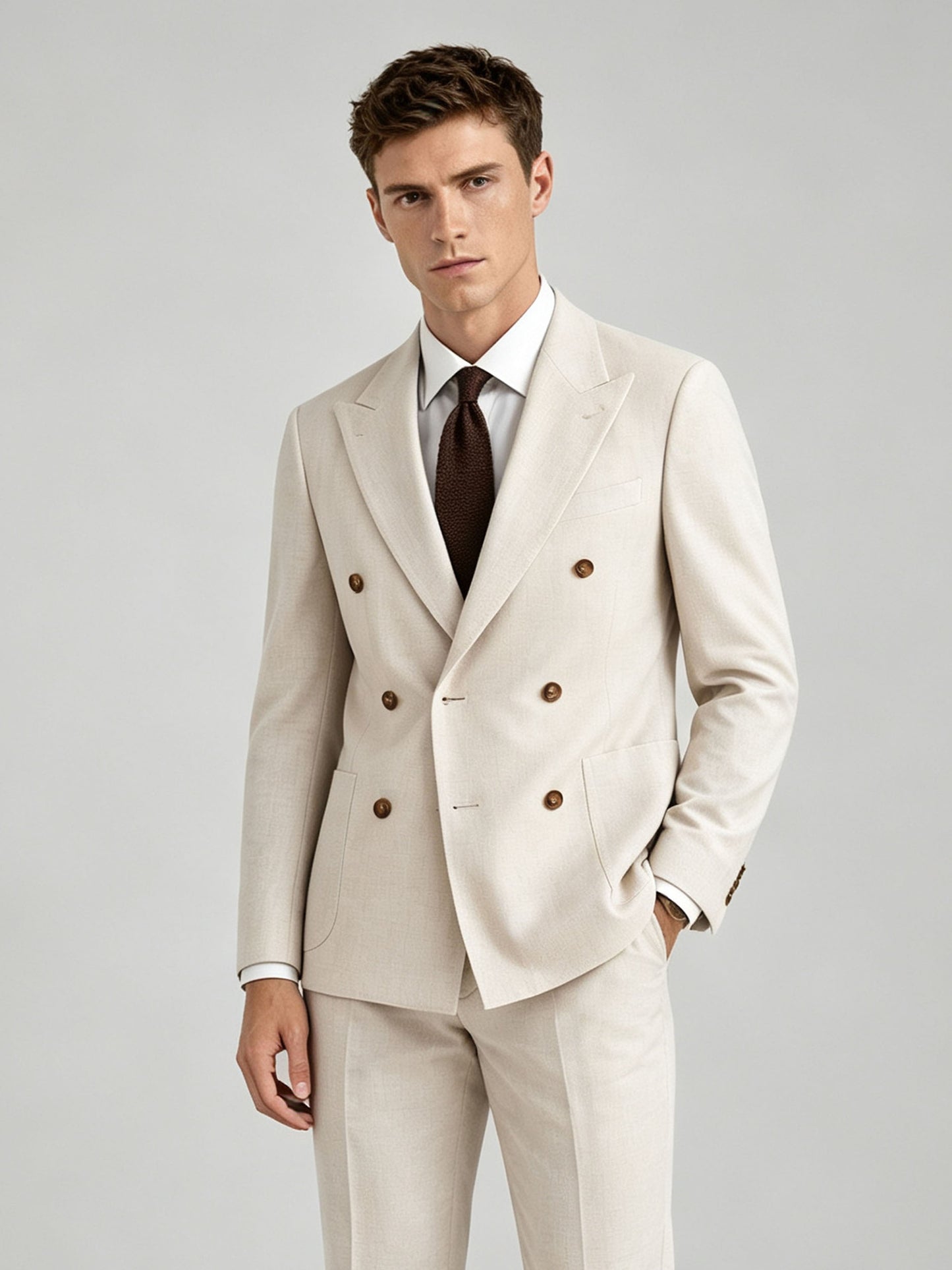Savile GA0072 cream linen double-breasted suit – dynamic walking pose showing natural drape, movement and Italian tailoring silhouette
