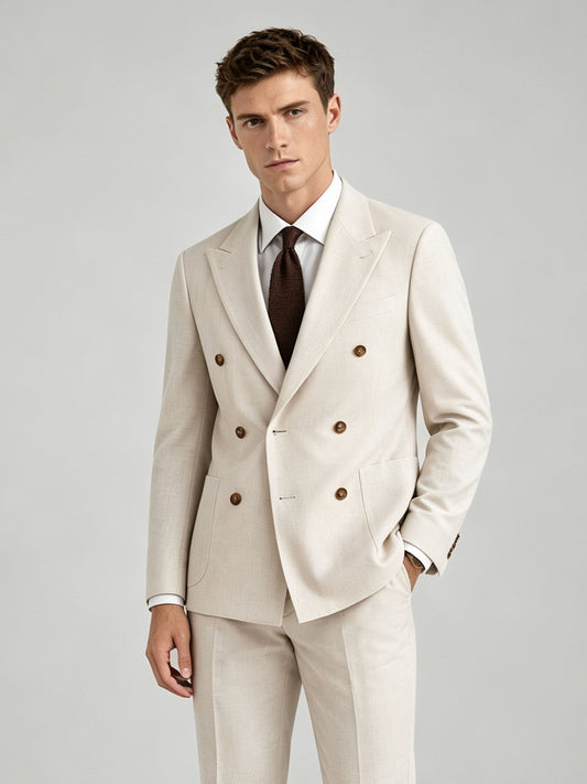 Savile GA0072 cream linen double-breasted suit – dynamic walking pose showing natural drape, movement and Italian tailoring silhouette