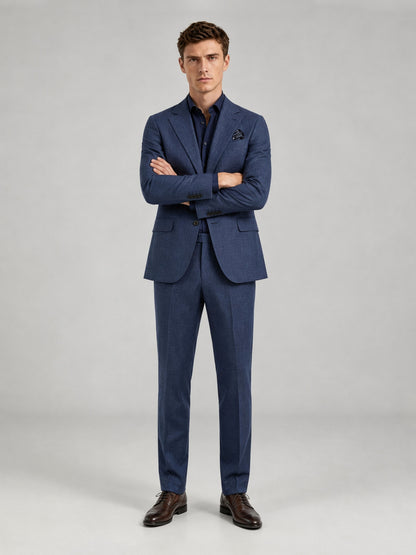 Savile GA0073 steel blue windowpane check 2-piece suit set – full body front view, natural standing pose with dark brown oxford shoes
