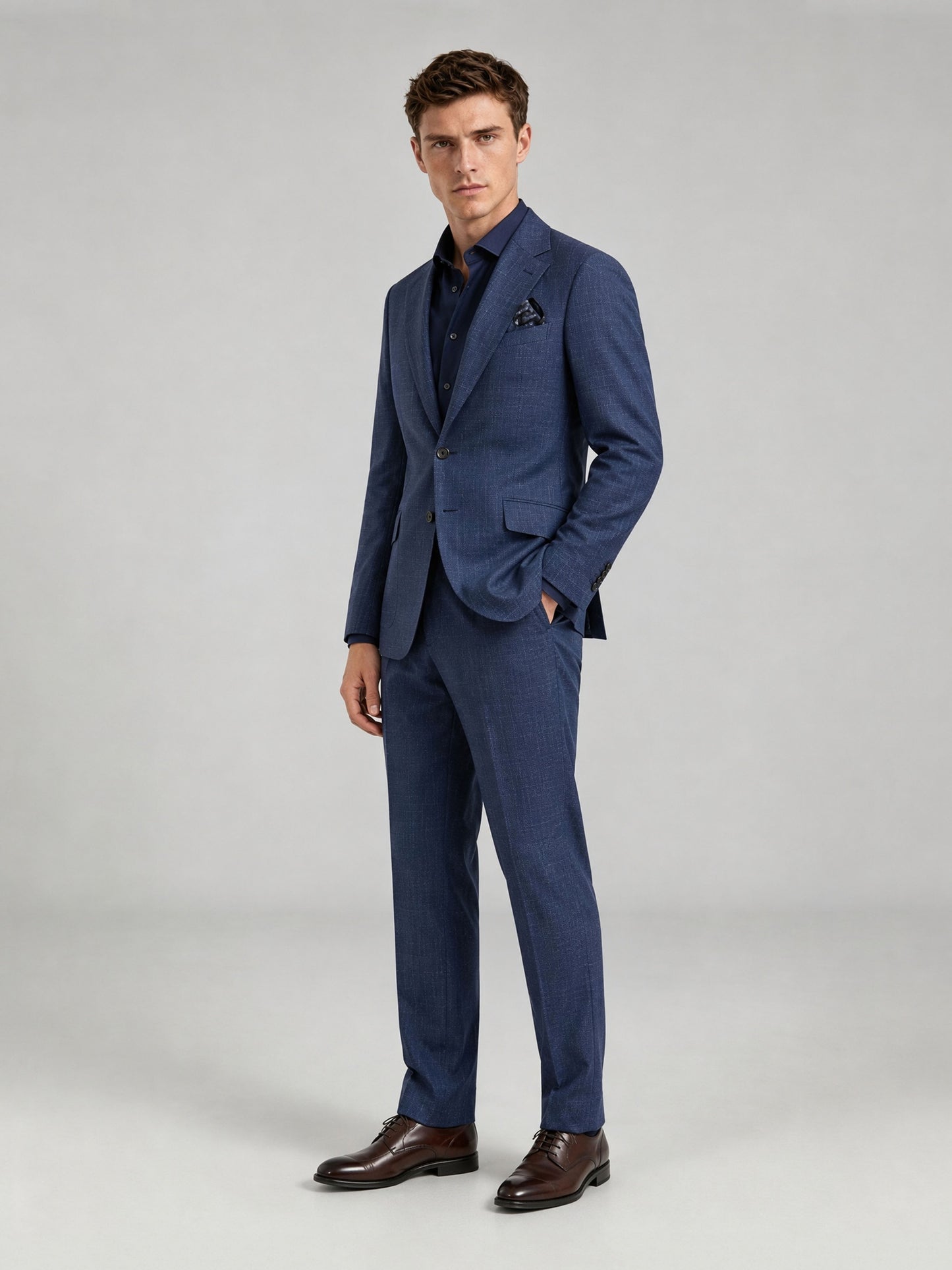 Savile GA0073 steel blue windowpane check suit set – back view showing side vents, structured shoulders and slim trouser drape