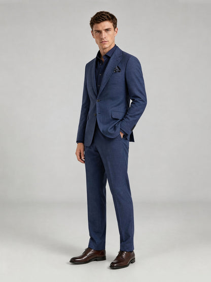 Savile GA0073 steel blue windowpane check suit set – back view showing side vents, structured shoulders and slim trouser drape