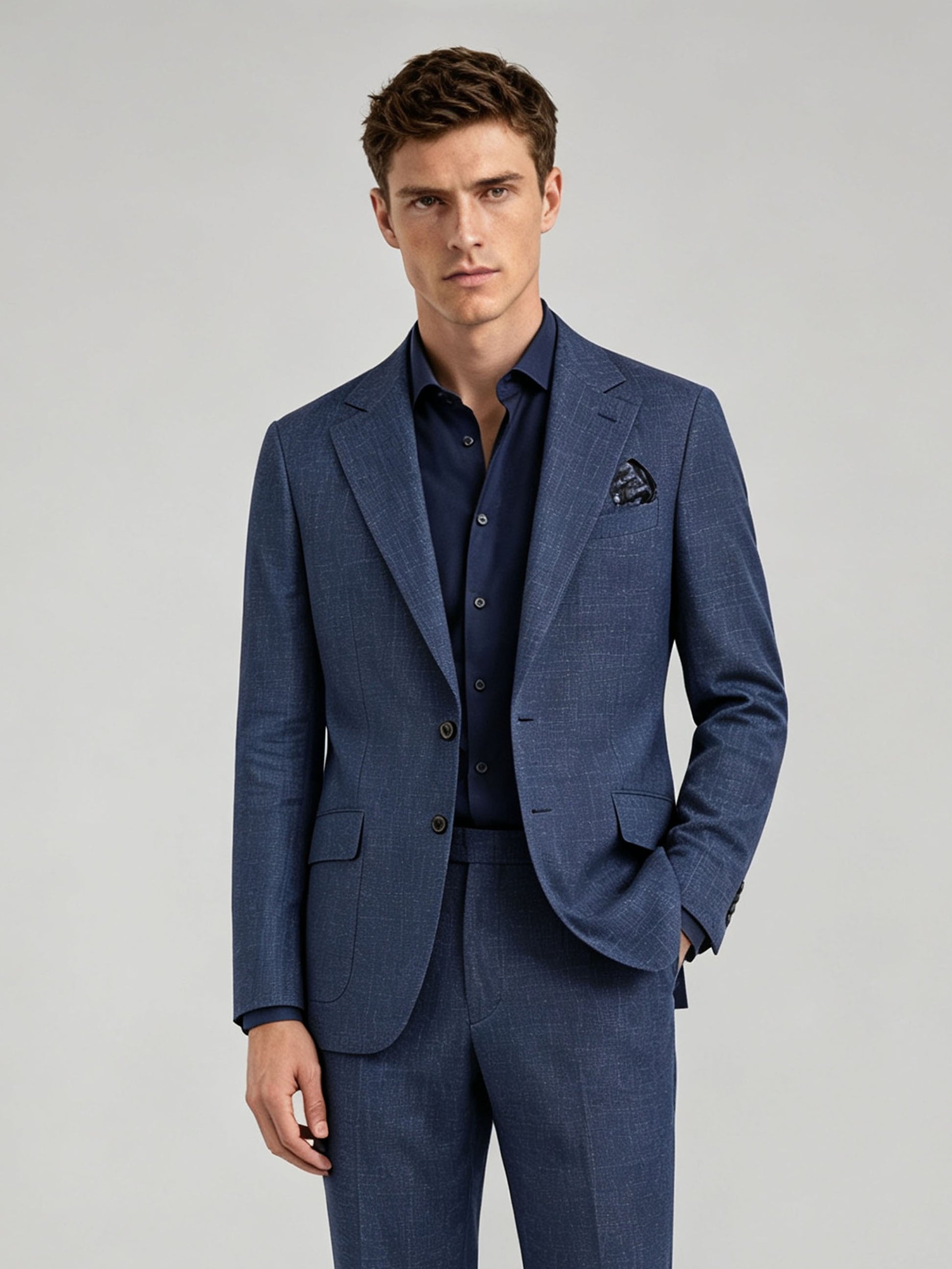 Savile GA0073 steel blue check 2-piece suit – full body three-quarter side pose, hand in pocket showing Italian tailoring silhouette and windowpane check detail