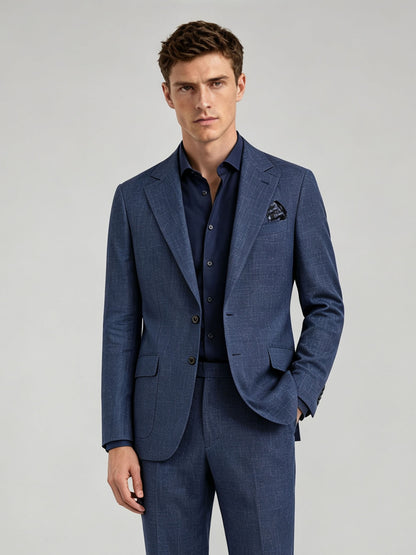Savile GA0073 steel blue check 2-piece suit – full body three-quarter side pose, hand in pocket showing Italian tailoring silhouette and windowpane check detail