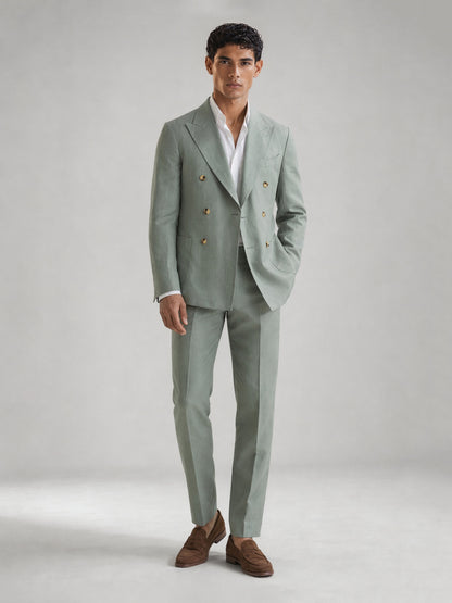 Savile GA0074 mint green linen double-breasted suit – upper body front view showing peak lapel, six gold-tone buttons and white open-collar shirt