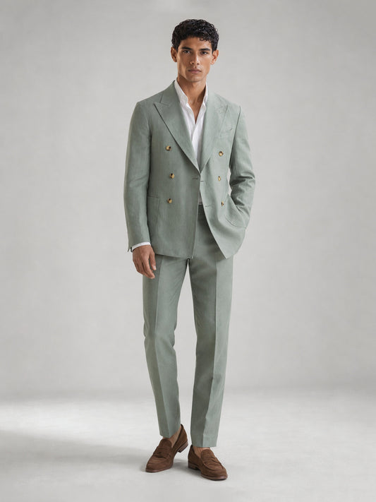 Savile GA0074 mint green linen double-breasted suit – upper body front view showing peak lapel, six gold-tone buttons and white open-collar shirt