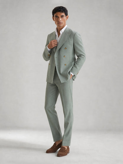 Savile GA0074 mint green linen 2-piece suit set – full body front view, natural standing pose with brown suede penny loafers