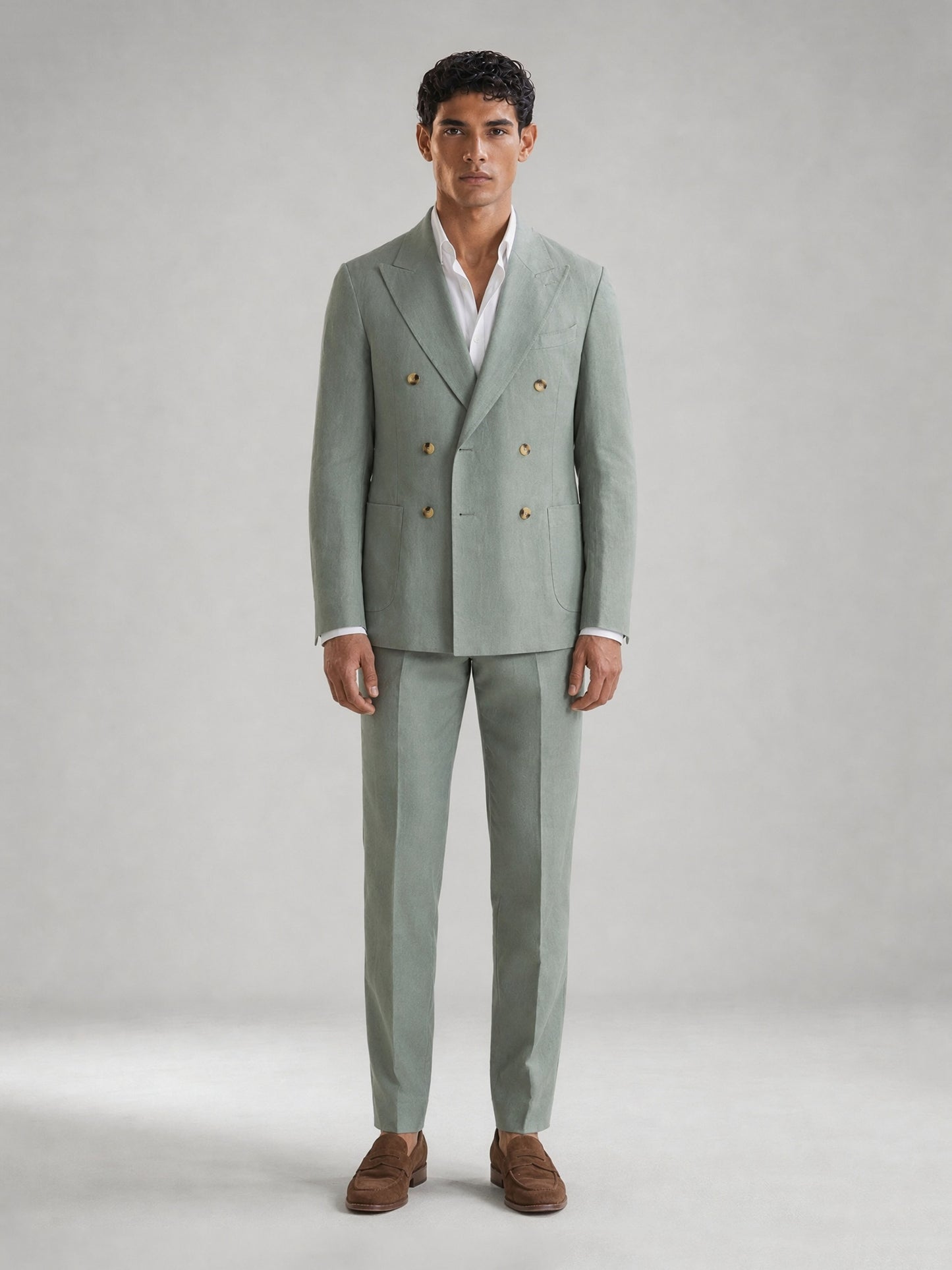 Savile GA0074 mint green linen suit set – back view showing center vent, structured peak lapel shoulders and slim trouser drape
