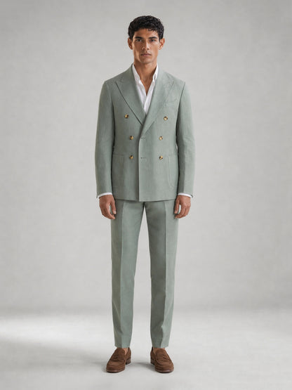 Savile GA0074 mint green linen suit set – back view showing center vent, structured peak lapel shoulders and slim trouser drape