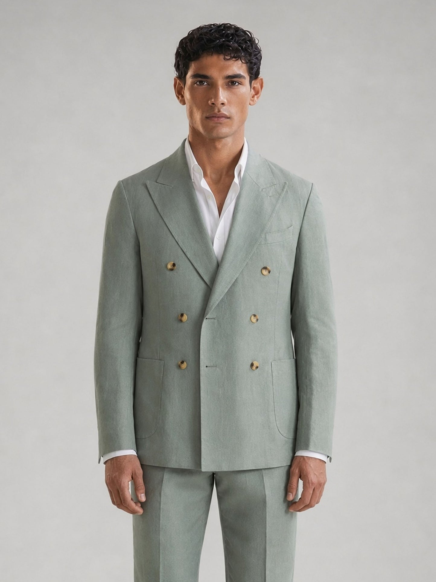 Savile GA0074 mint green linen double-breasted suit – full body front view, standard standing pose showing complete head-to-toe mint green silhouette