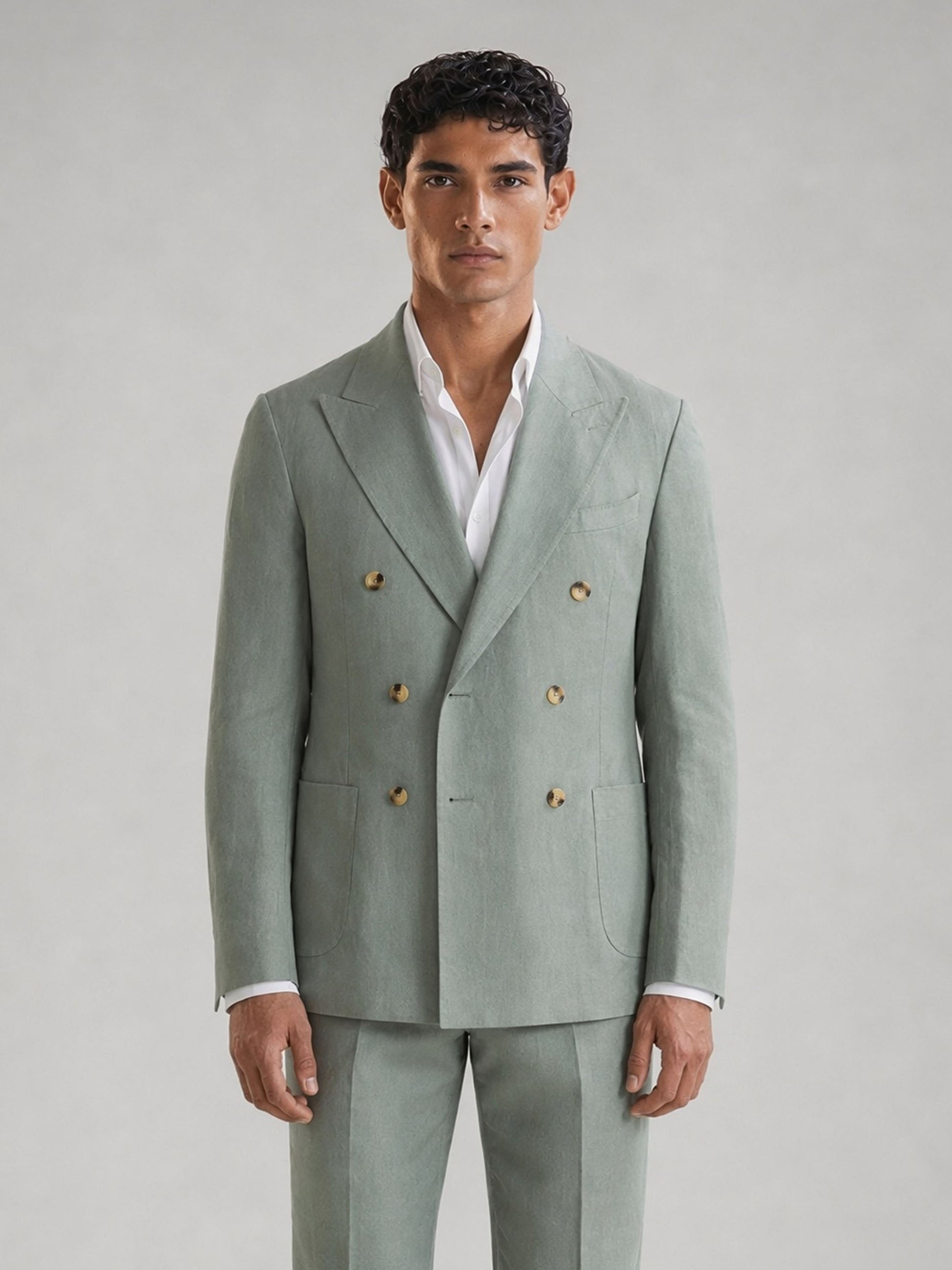 Savile GA0074 mint green linen double-breasted suit – full body front view, standard standing pose showing complete head-to-toe mint green silhouette