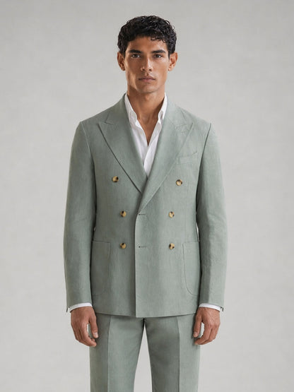 Savile GA0074 mint green linen double-breasted suit – full body front view, standard standing pose showing complete head-to-toe mint green silhouette