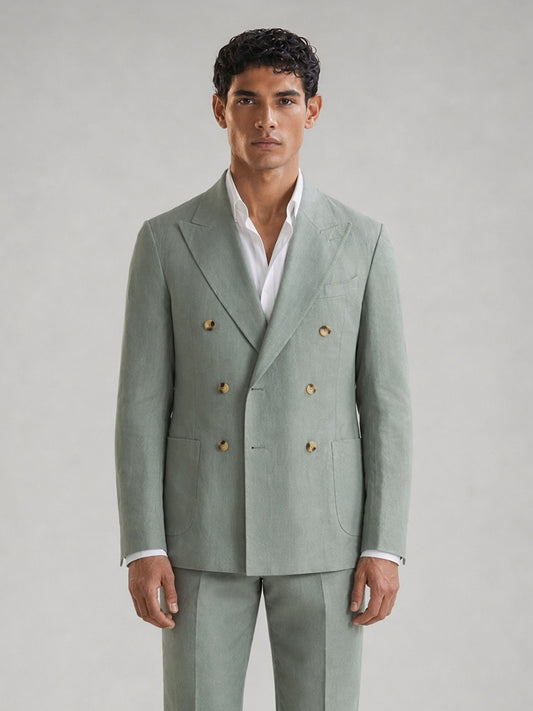 Savile GA0074 mint green linen double-breasted suit – full body front view, standard standing pose showing complete head-to-toe mint green silhouette