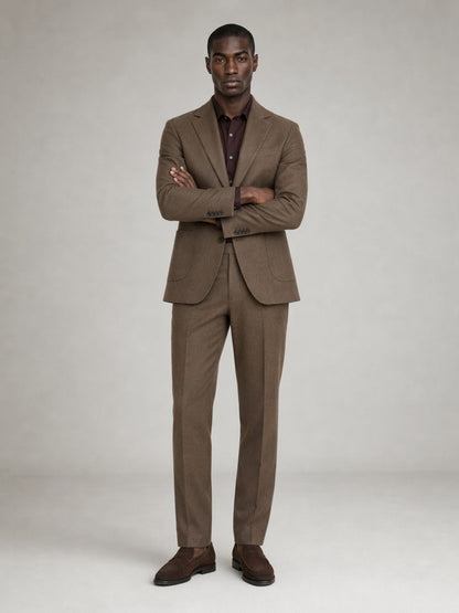 Savile GA0075 tan camel linen 2-piece suit set – full body front view, hand in pocket with dark brown suede loafers showing slim silhouette