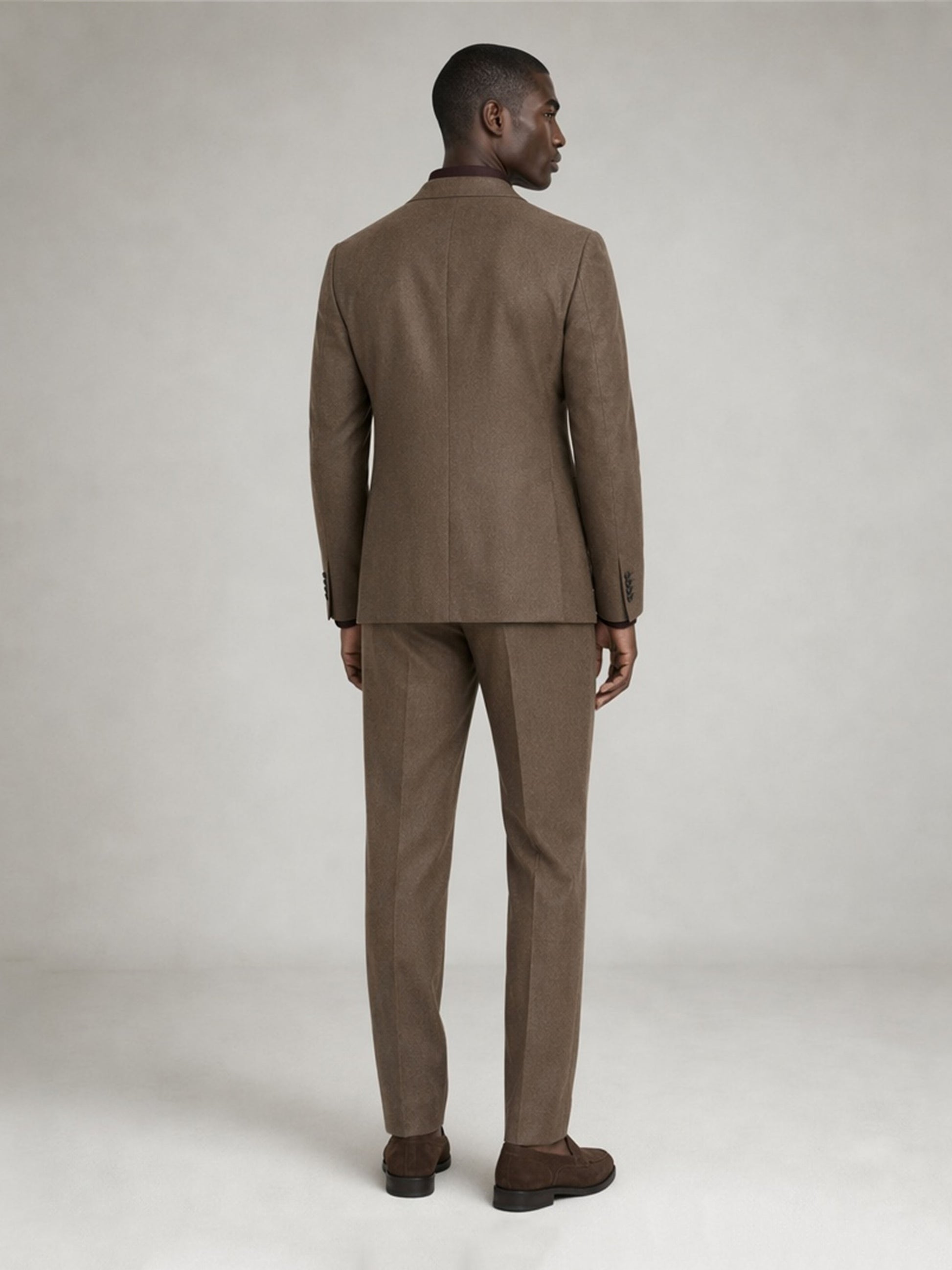 Savile GA0075 tan camel unstructured suit – full body front view, arms crossed showing soft-shoulder silhouette and slim trouser drape