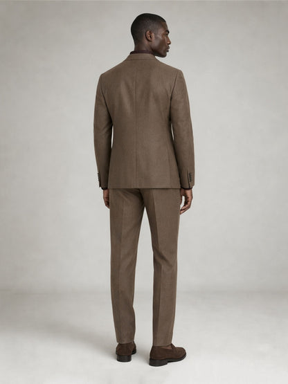 Savile GA0075 tan camel unstructured suit – full body front view, arms crossed showing soft-shoulder silhouette and slim trouser drape