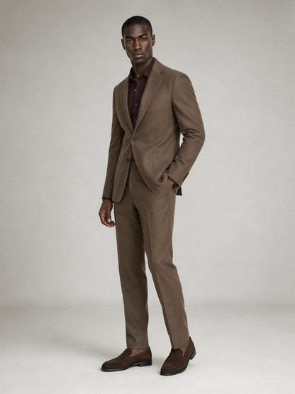 Savile GA0075 tan camel linen suit set – back view showing side vents, unstructured shoulders and slim trouser silhouette