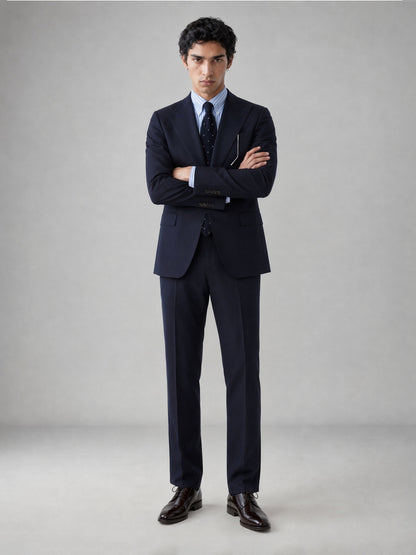 Savile GA0076 midnight navy 2-piece suit set – full body front view, hand in pocket with black cap-toe oxford shoes showing slim silhouette