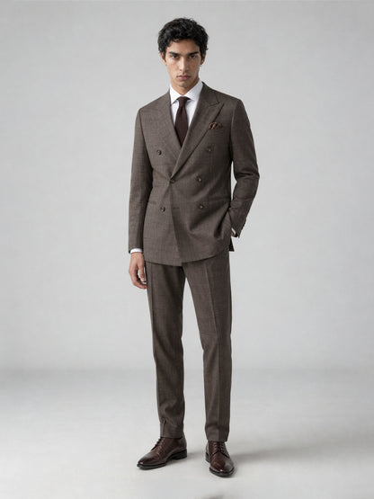 Savile GA0077 warm brown glen plaid double-breasted suit – full body front view, hand in pocket with dark brown brogue shoes and brown knit tie