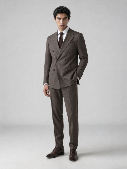 Savile GA0077 warm brown glen plaid 2-piece suit set – full body front view, natural standing pose showing slim silhouette and windowpane check detail