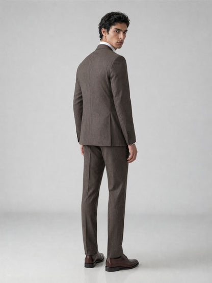 Savile GA0077 warm brown glen plaid suit – back view showing center vent, structured peak lapel shoulders and slim trouser drape