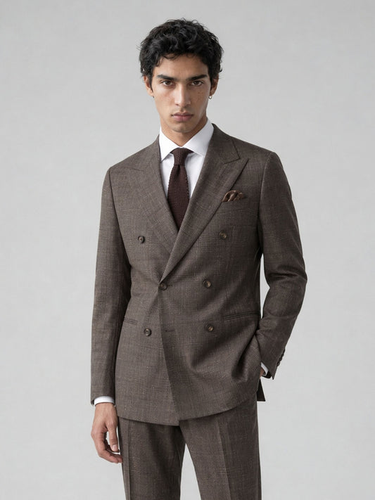 Savile GA0077 warm brown glen plaid suit – upper body front view showing peak lapel, six-button double-breasted closure, white shirt, brown tie and pocket square detail